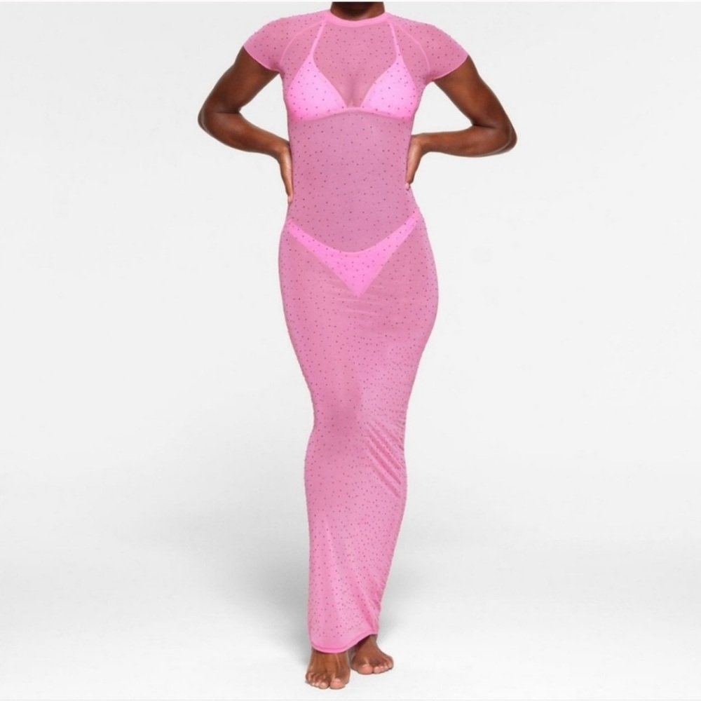 SKIMS SWIM mesh rhinestone coverup pink Maxi Dress